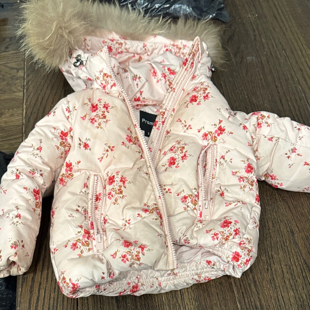 Ami Pink Floral Puffer Jacket with Faux Fur Hood Trim